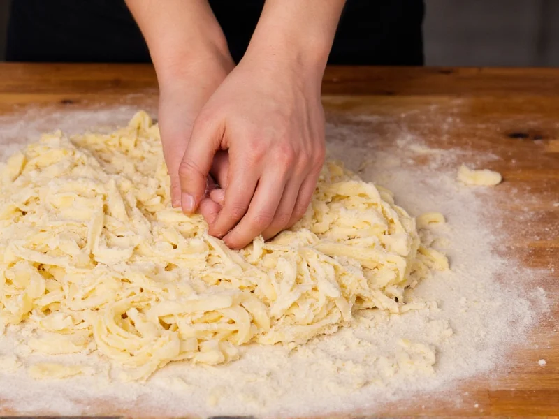 Hand-kneading pasta dough on wooden board