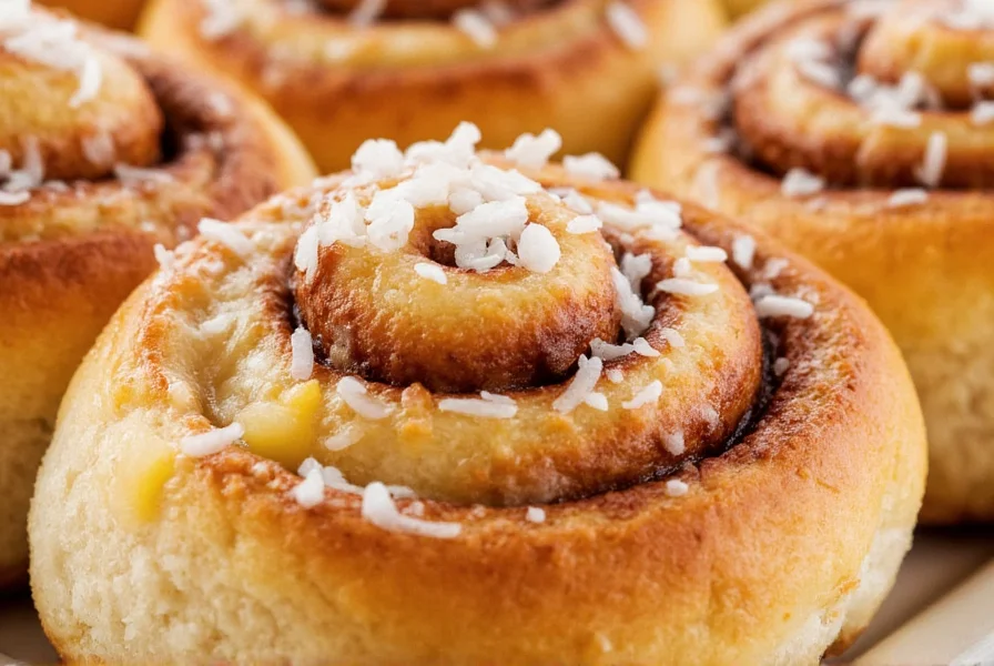 Close-up of freshly baked Hawaiian cinnamon rolls showing pineapple pieces visible in the swirl and coconut flakes on top