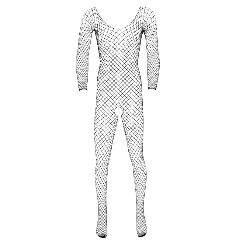 

2021 Mens Black Fishnet Transparent Sexy Long Sleeves Crotchless Tights Bodysuits Body Stockings