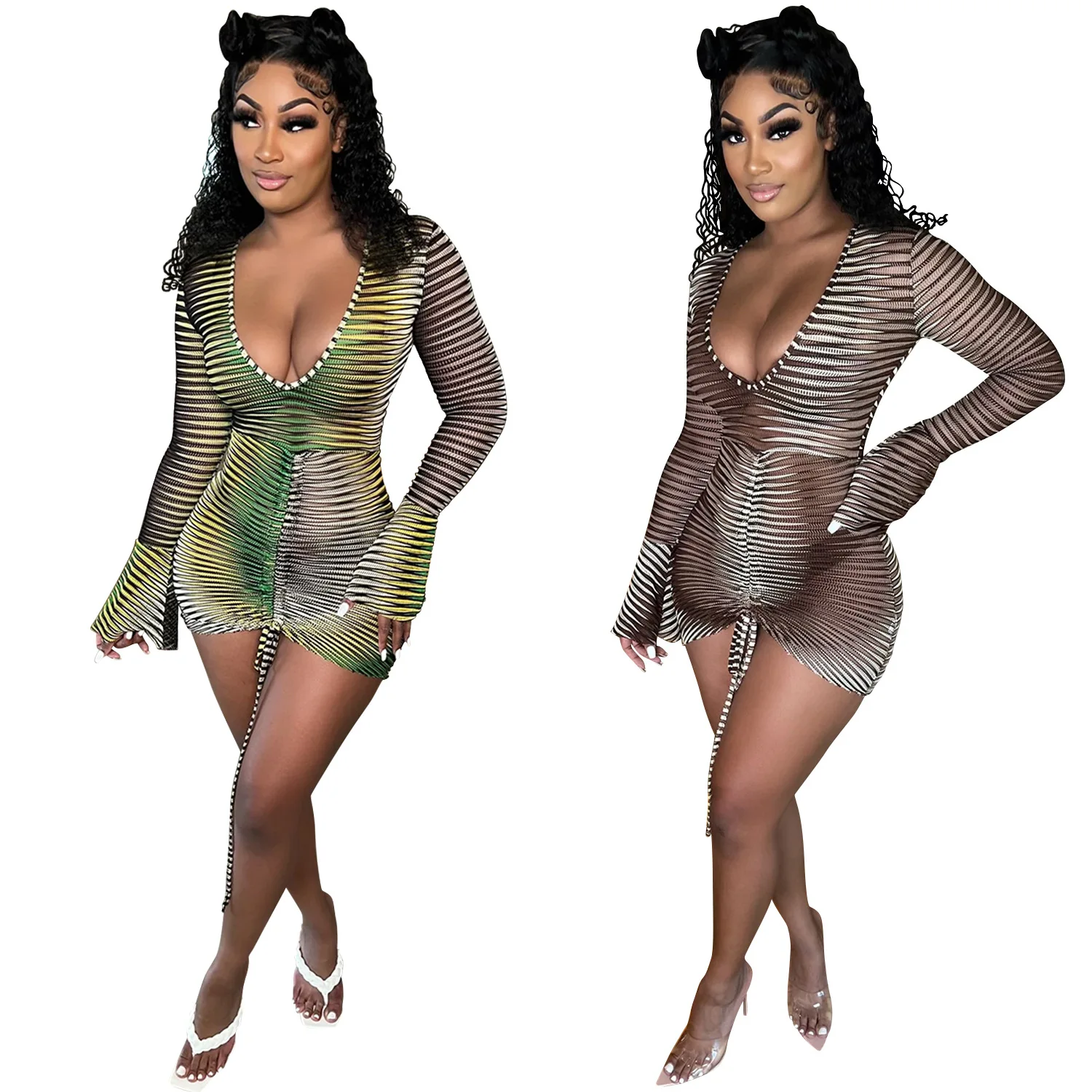 

2022 New Product Fashion Design Deep V Long Sleeve Tie Casual Party Short Skirt women Sexy Dresses, Customized color