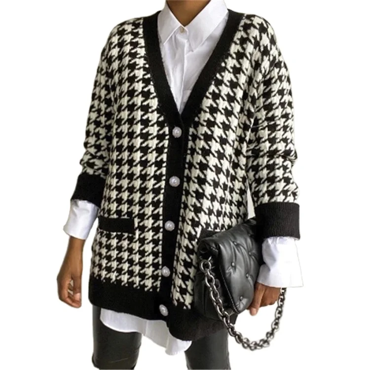 

Hot Selling Cardigan Long Sleeves Big Pocket Knit Plaid Sweater Woman