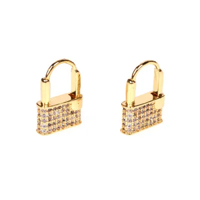 

2021 New Arrival Full CZ Diamond Lock Shape Earrings Gold Plated Zirconia Padlock Huggie Earrings For Women