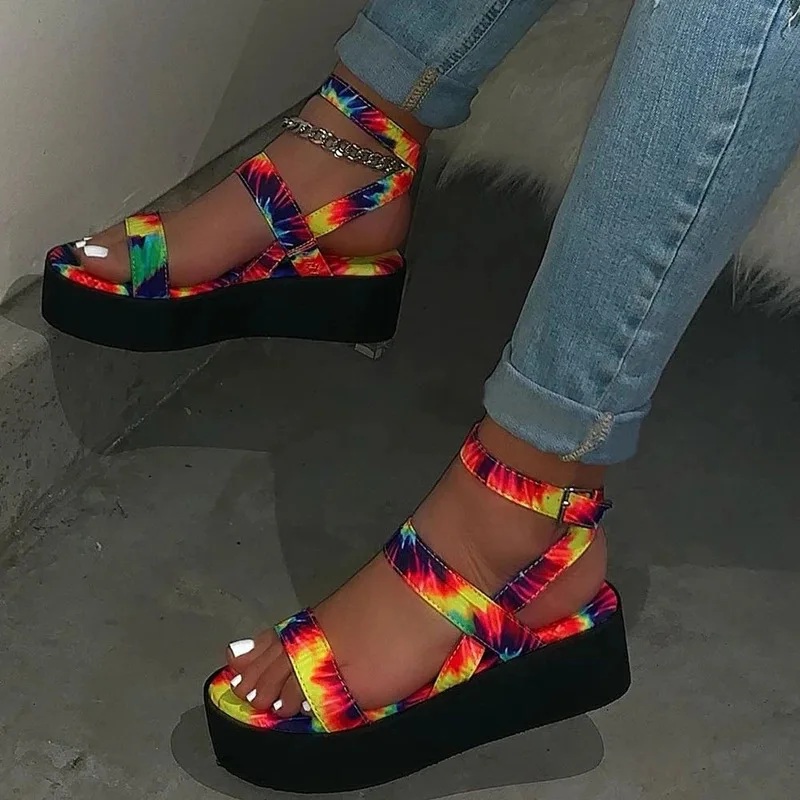 

2021 Women's Casual Flat Jelly PU Leather Slide Footwear Sandal Outdoor Tie Dye Slipper Sexy Platform Sandal New Fashion Shoe