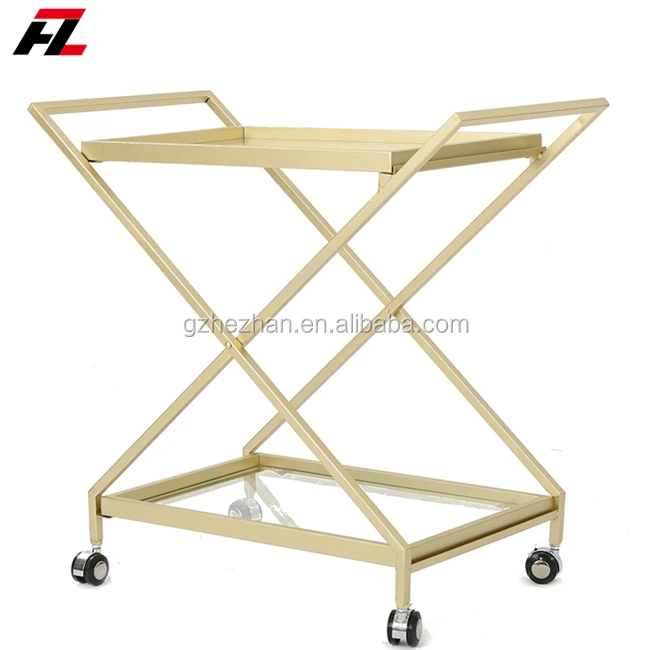 
Modern Bar Cart With Two Tiers Metal And Glass Serving Cart Criss-Cross Design With Glass Top Liquor Trolley 