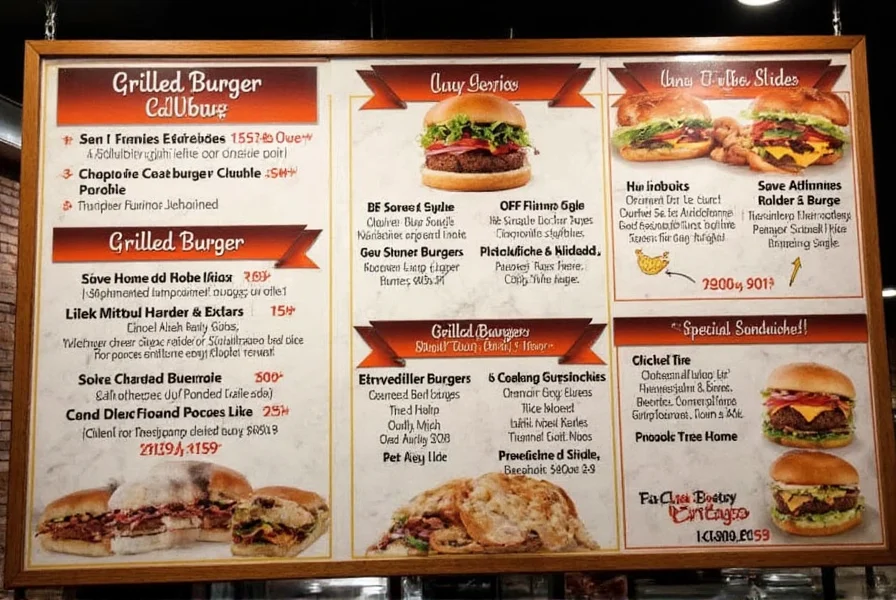 Pepper Jax Grill menu board displaying grilled burger options and specialty sandwiches