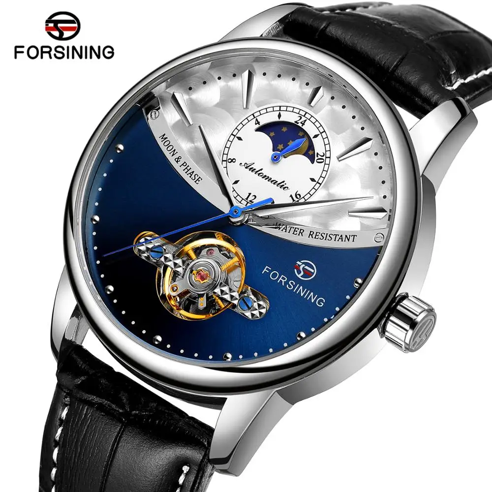 

2021 Forsining Fashion Moon Phase reloj Genuine Leather Strap jam tangan Mens Wristwatch Support Customized Male Automatic Watch, 10 color