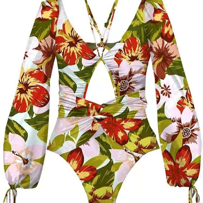 

fashion print long sleeve one piece bathing suits plus size swimsuits back open swimwear cut out padded swim suits women