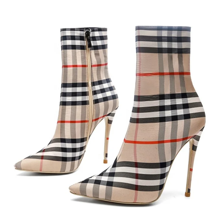 

Top Brand Elegant Grid Women Dress Shoes Pointed Toe High Thin Heel Plaid Beige Red Stiletto Fashionable Party Sexy Ankle Boots, Beige \red \black