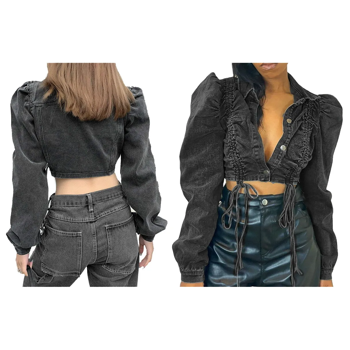 

Foma Clothing 2021 street fashion women long sleeve short sexy denim crop top rope drawing fold single-breasted jacket, 1 color