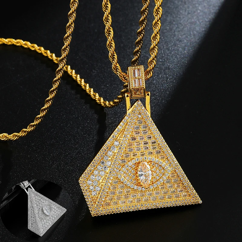 

Hip Hop Men Gold Silver Color For Men Iced Out Triangle Eye Pyramid Pendant baguette cz Necklace Hip Hop Jewelry