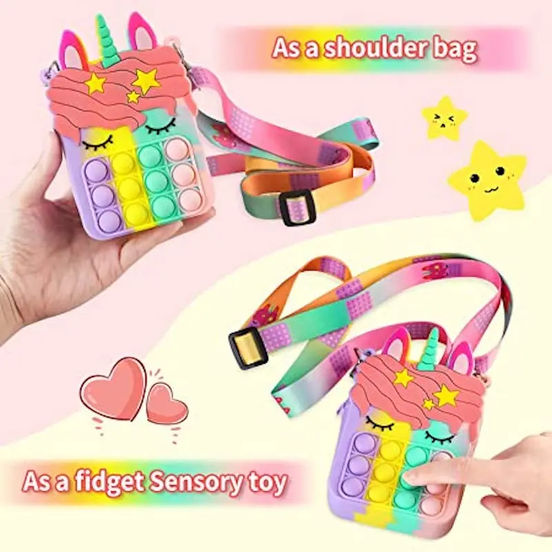 

New 2021 Girl Storage Silicone Crossbody Change Bag Coin Cartera Push Bubble Fidget Unicorn Pop Purse