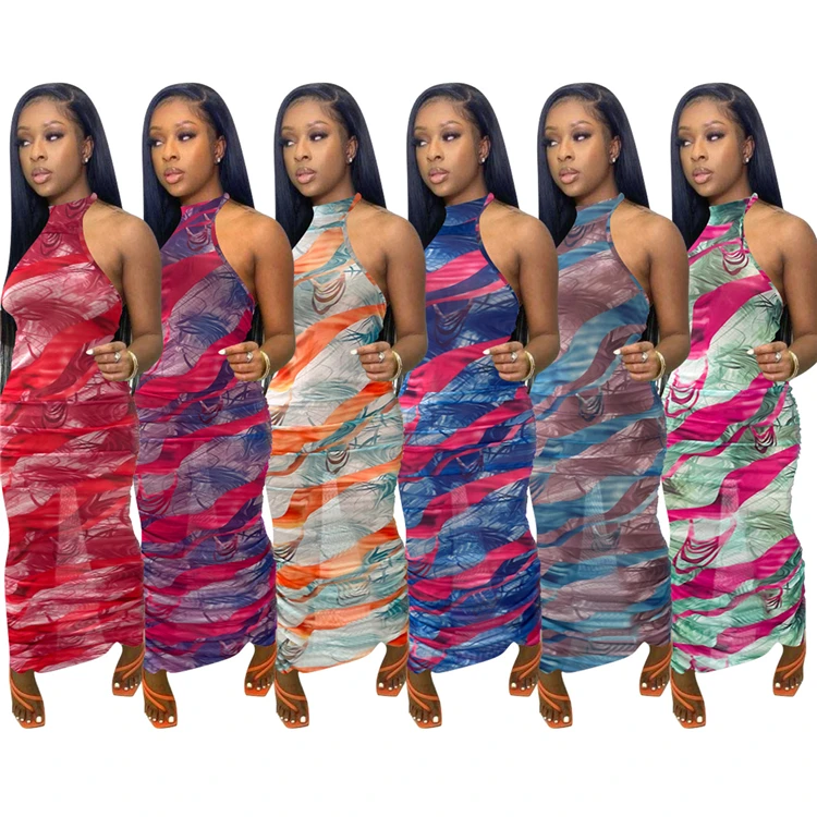 

DUODUOCOLOR Smoke plait prints womens sleeveless maxi dresses summer sexy neck and bare back clothing D97615