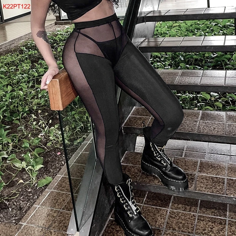 

Bomblook K22PT122 2022 Fashion Sexy See Through Streetwear Solid Color Net Patchwork Pants Women Casual