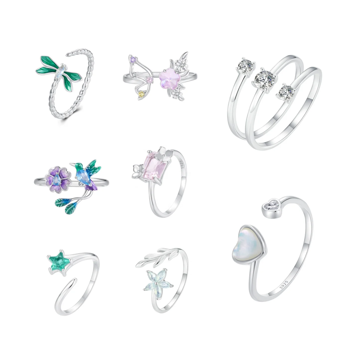 

925 Sterling Silver Fashion Jewelry Ring For Woman Fine Jewelry Wholesale Flower Butterfly Sparkling Heart Spring Cuff Rings