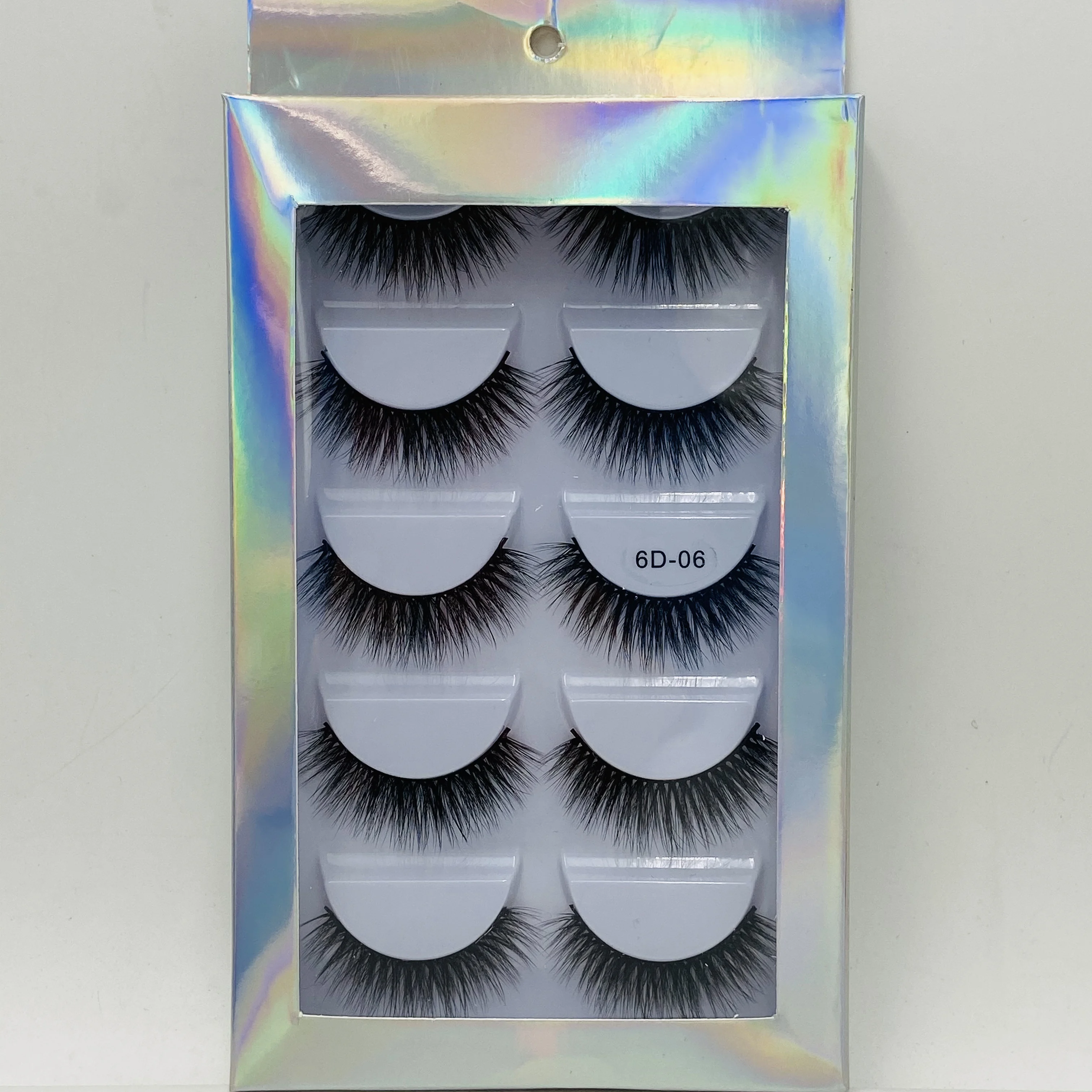 

Wholesale Hot sele 6D06 5Pair long and beautiful Faux mink eyelashes Handmade Fake Cross False Eyelashes with Holographic box, Natural color