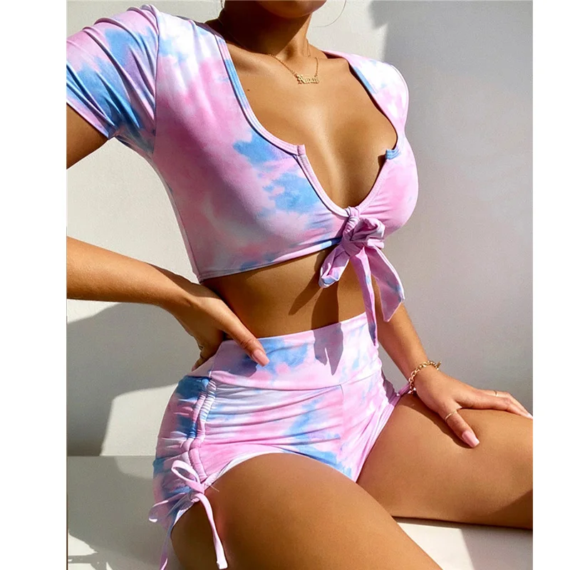 

Tie Dye High Wasit Swim Trunk And Short Sleeve Crop Top 2021 Womens Tankini Sports Bikini Set