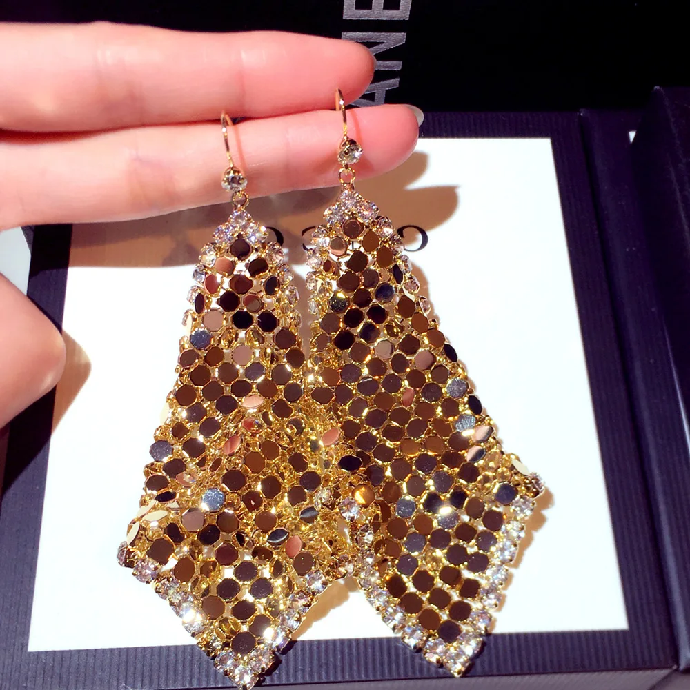 

2021 New fashion Korean 925 silver needle exaggerated real gold plated rhinestones sequins drop earrings, As pic