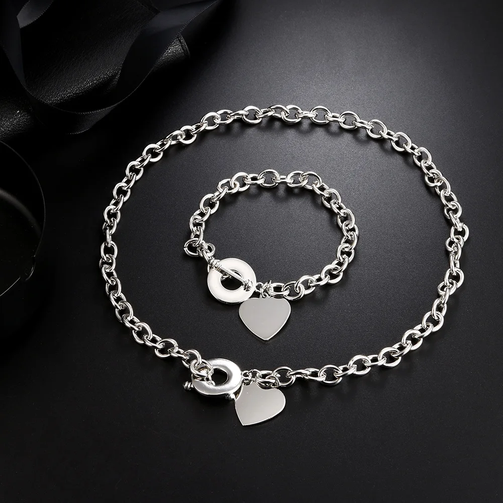 

Fashion Women Silver O-shaped Heart-shaped Accessory Silver Necklace Bracelet Jewelry Set 2021, Picture shows