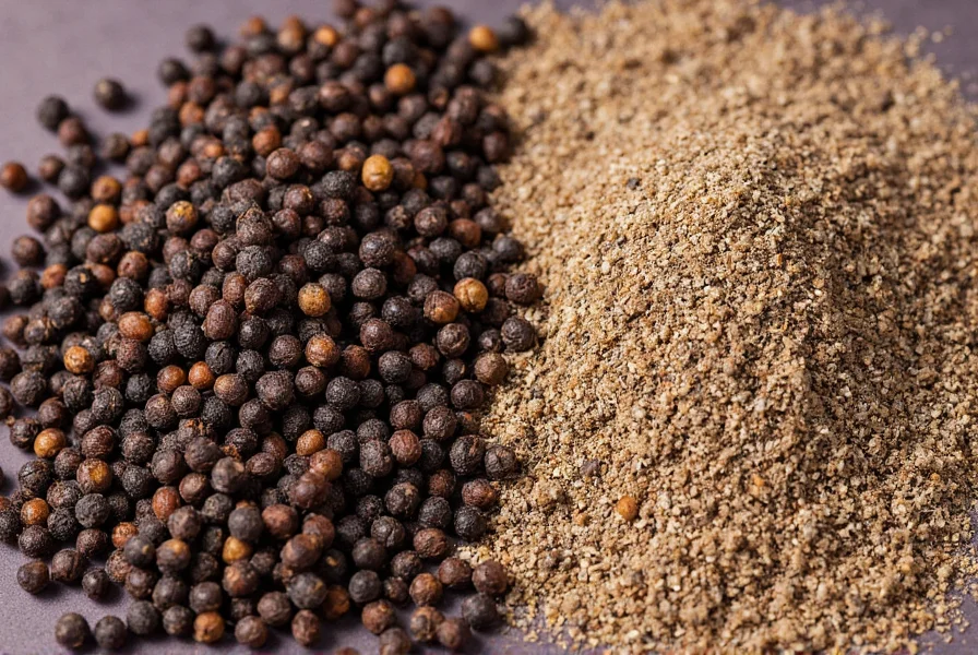 Comparison of whole black peppercorns next to freshly ground pepper in mortar and pestle