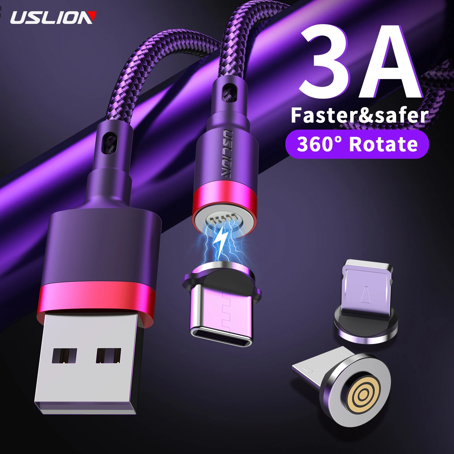 

USLION OEM LOGO 360 Rotate 3 In 1 1M 2M Magnetic Charging USB Data Cable 3A Fast Charger Cable for iphone 14 13 12 11 Pro Max, Gold ,gray green ,red