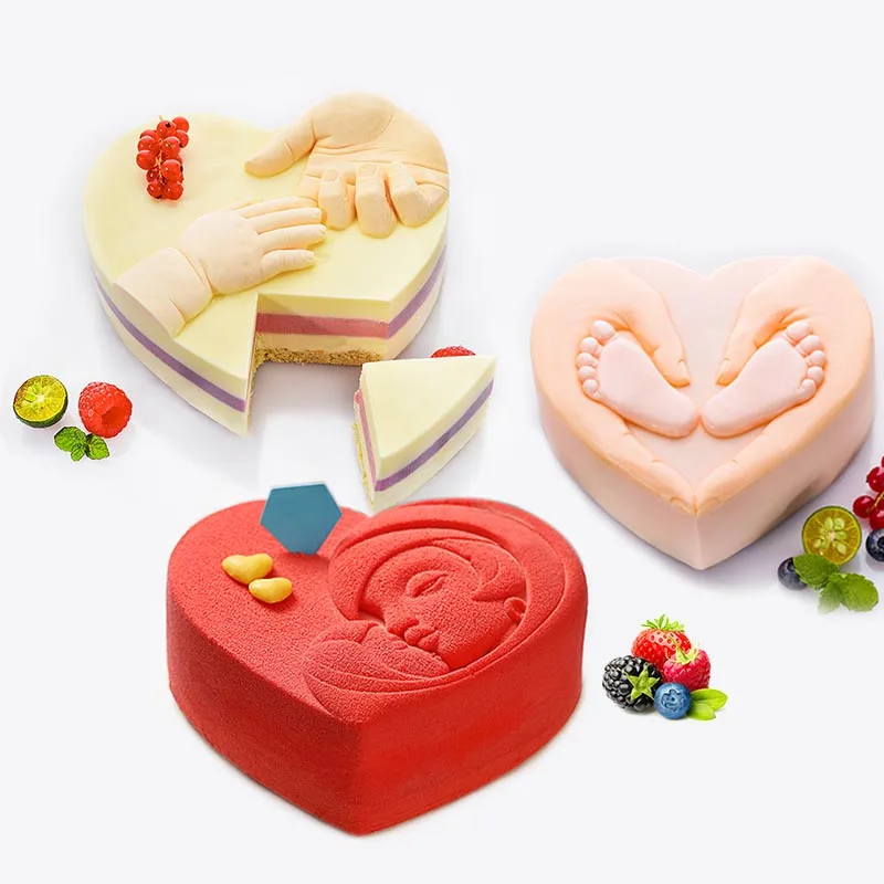 

B1-63 Parent Child Foot Love Mousse Birthday Cake Mold DIY French Dessert 3 Heart Shaped Silicone Cake Molds, Mulit color