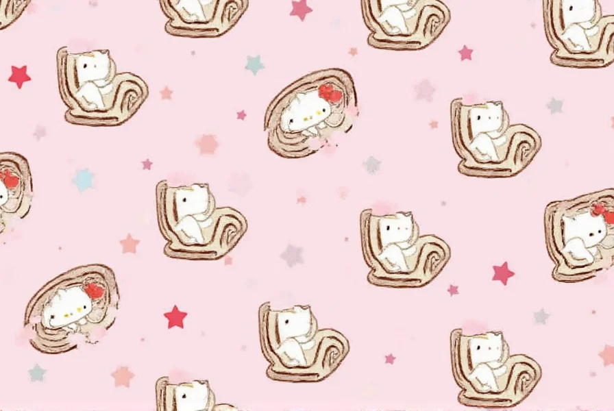 Hello Kitty baking cinnamon rolls in a miniature kitchen, with flour dusted surfaces and baking tools, anime style illustration