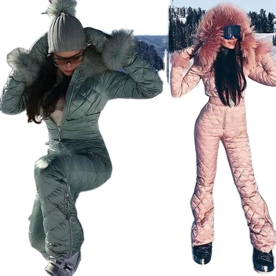 

2020 winter new hooded fur collar warm cotton suit outdoor sports pants jumpsuit women's ski suit, Customized color