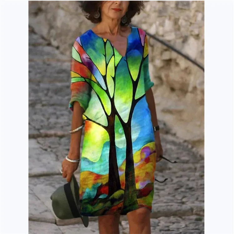

Zacavia 2021 Cotton and Linen Small V-neck Stitching Retro Printing Long-sleeved Dresses Women, Different colors and support to customized