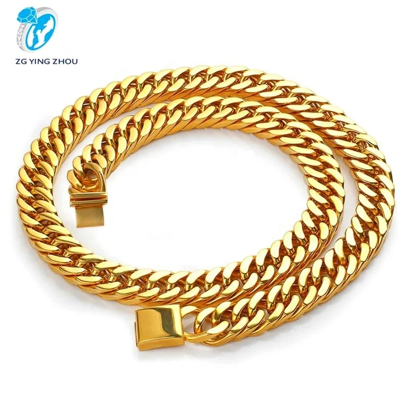 

Wholesale Custom Hip Hop Cuban Curb Link Mens Miami Stainless Steel 14k 18k Gold Plated Chain Necklace Cuban Link Chain, 18k gold color