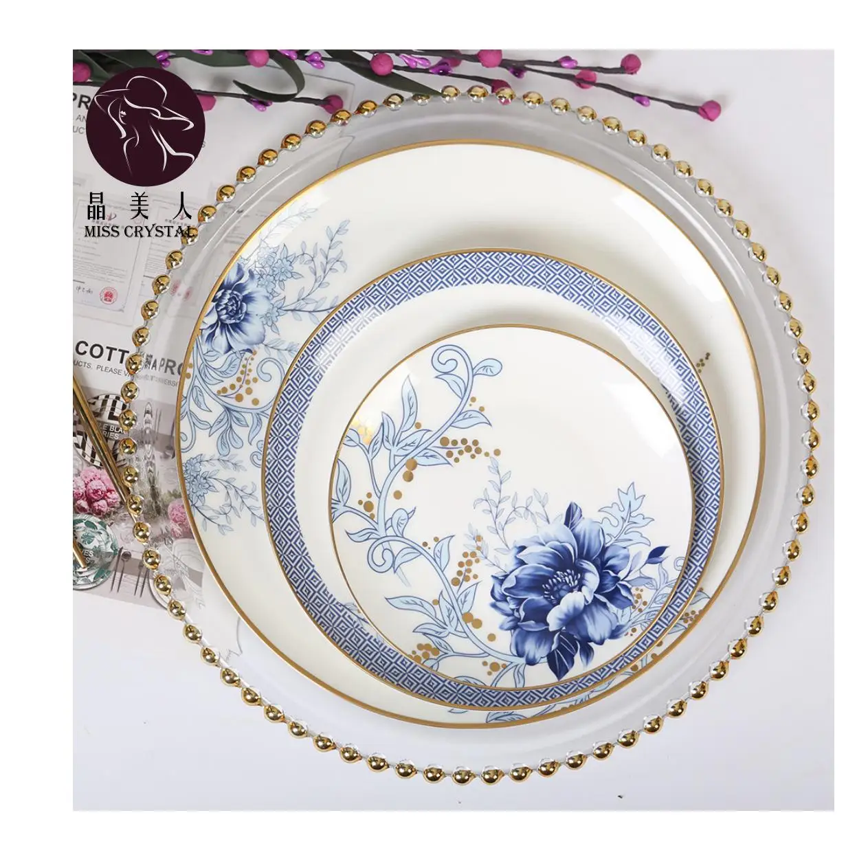 

Popular Design Porcelain Dinnerware Blue and White Charger Plate Bone China Dinner Plate Sets, As picture