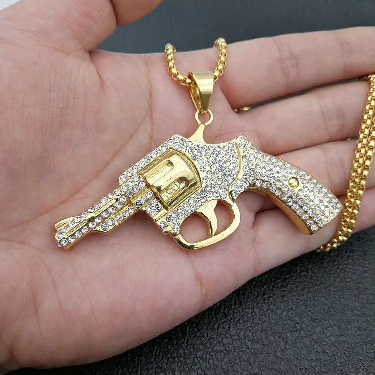 

Exaggerated Big Iced Out Jewelry 18k Gold Plated Stainless Steel Revolver Gun Necklace, Silver or 18k gold