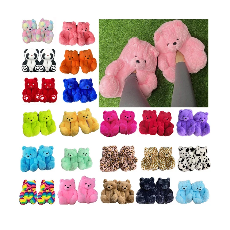 

Home Indoor Winter Furry Fashion Glow In The Dark Adult Women Teddy Bear Slippers, Red, blue, black, brown, purple, color, leopard, yellow, pink, orange