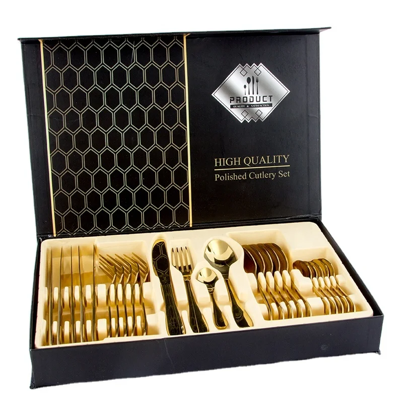 

Amazon Hot Sale Spoon Fork Gold Cutlery Flatware Set Stainless Steel 24pcs Cutlery Set with Gift Box, Golden/silver