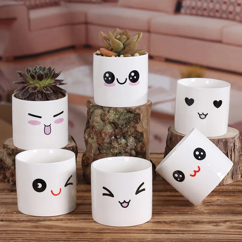 

1PC Creative Home Decoration Ceramic Flower Pot Quality Cute Facial Expression Mini Succulents Office Desktop Vase 6CM, Color random