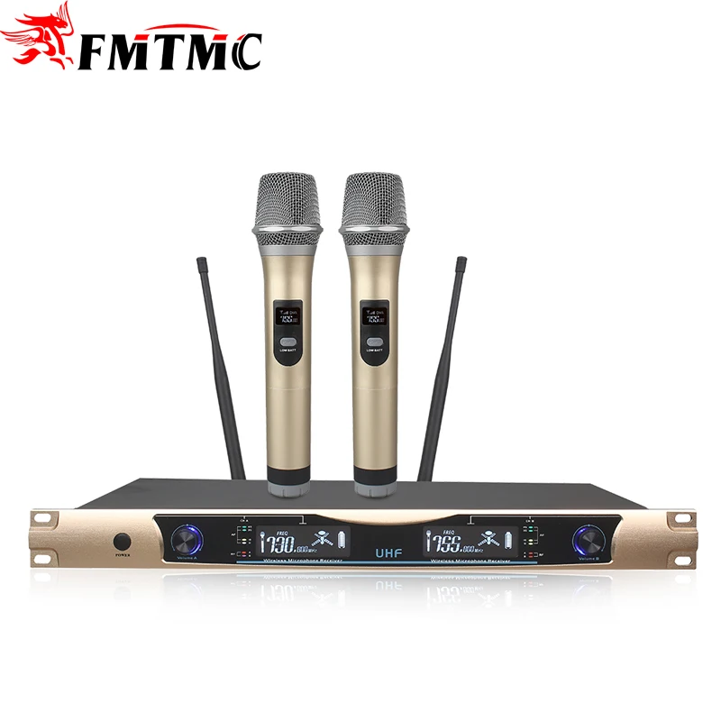 

Fixed UHF Frequency MV-331 Two Channel Wireless Microphone for Teaching Cordless Speech Digital Handheld Low Price Microphone, Golden