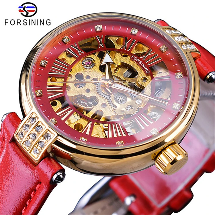 

Forsining 188 Golden Skeleton Diamond Watch Design Red Genuine Leather Band Waterproof Ladies Mechanical Watches