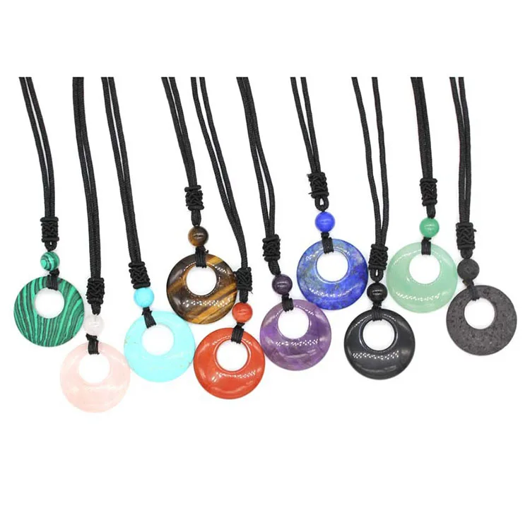 

30mm Donut Healing Crystals Necklace Gemstone Amulet Lucky Coin Donuts Charm Natural Stone Chakra Necklace