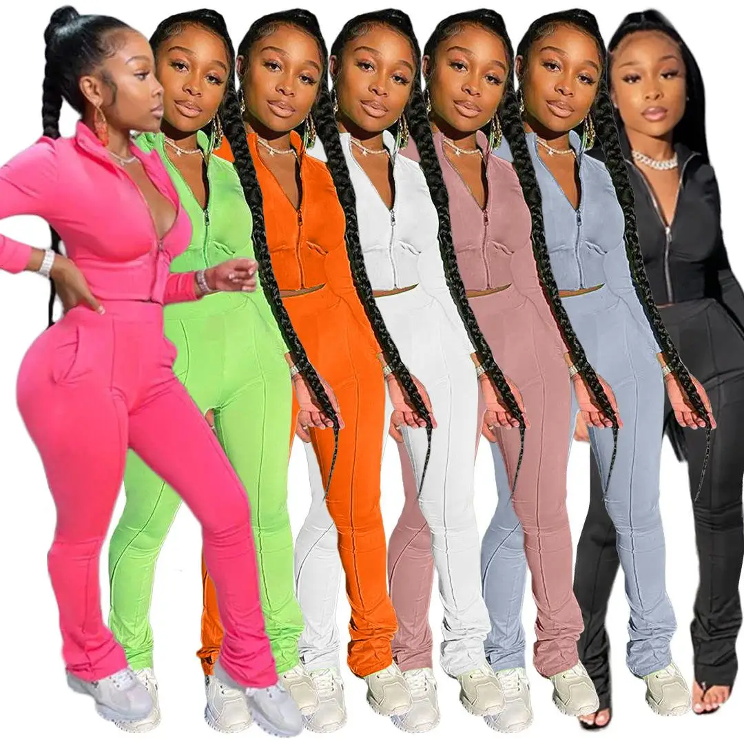 

Trendy Lady 2pc Sweatsuit Jogging Yoga Fitness Pleated Casual Bodycon Spring Women Two Piece Set, Custom color