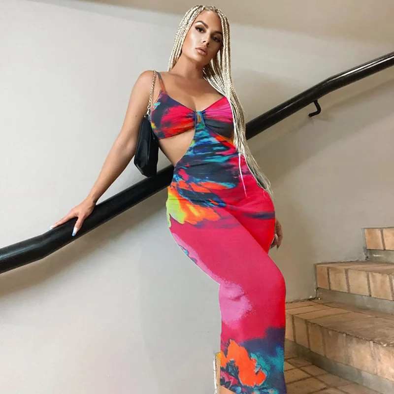 

YIWU ZHUOYI Good quality color printed sleeveless backless hollowed out asymmetrical dresses, 1 color