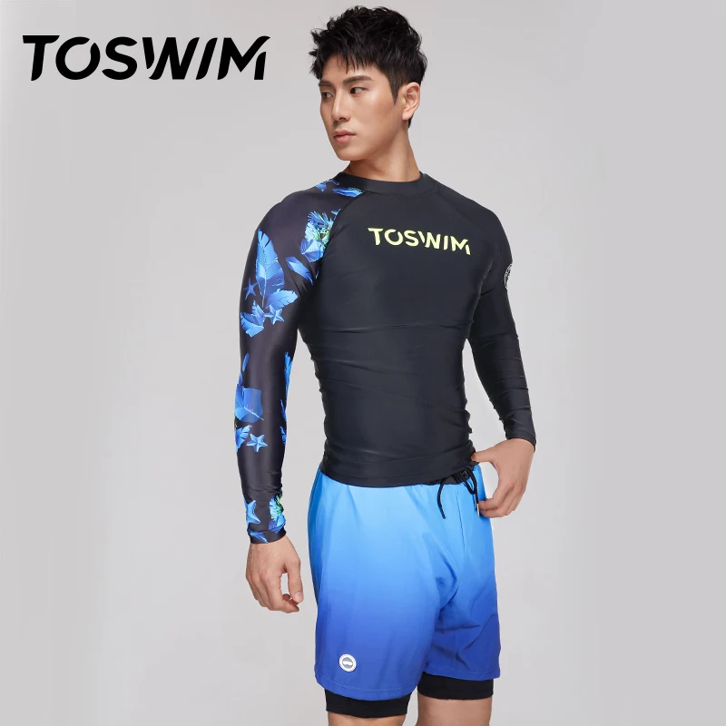 

TOSWIM Long Sleeve 2 Piece Swimsuits Men's Training Swimsuit Men Fitness Beachwear Set, Navy