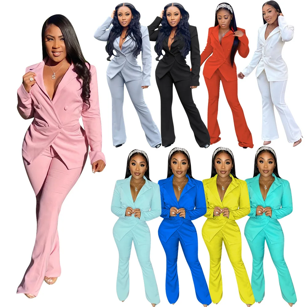 Wholesale Mujer Breasted Blazers Ladies Women Sets Womens Clothing Two Piece Fashion Wide Leg Pants Business Sets 2022