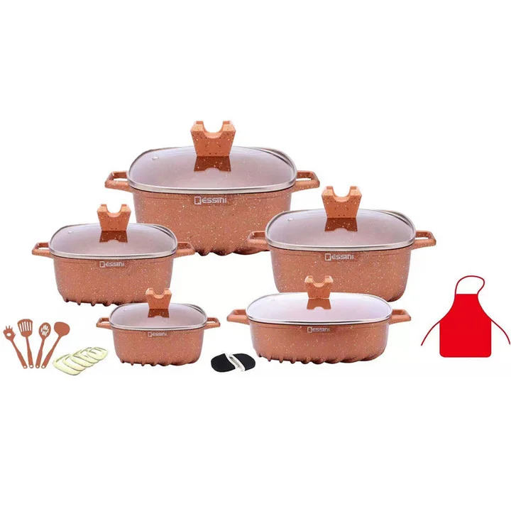 

Hot Selling Handle Kitchen Cooking Tool Dessini Square14pcs Non Stick Cooking Pots Pans Set Eco Material Medical stone coating