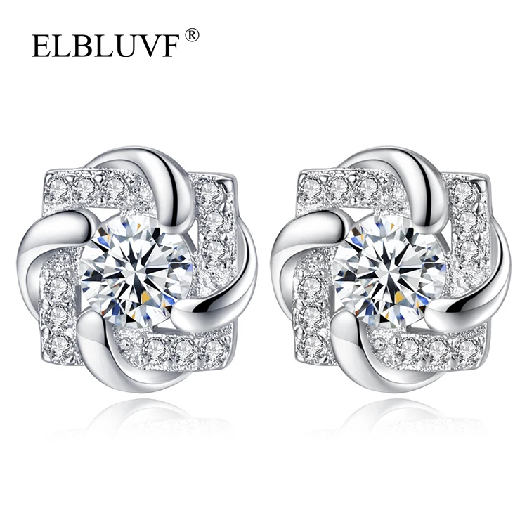 

ELBLUVF S925 Silver Plated Fancy Flower Shape Earrings Round Shape Zircon Earrings Jewelry