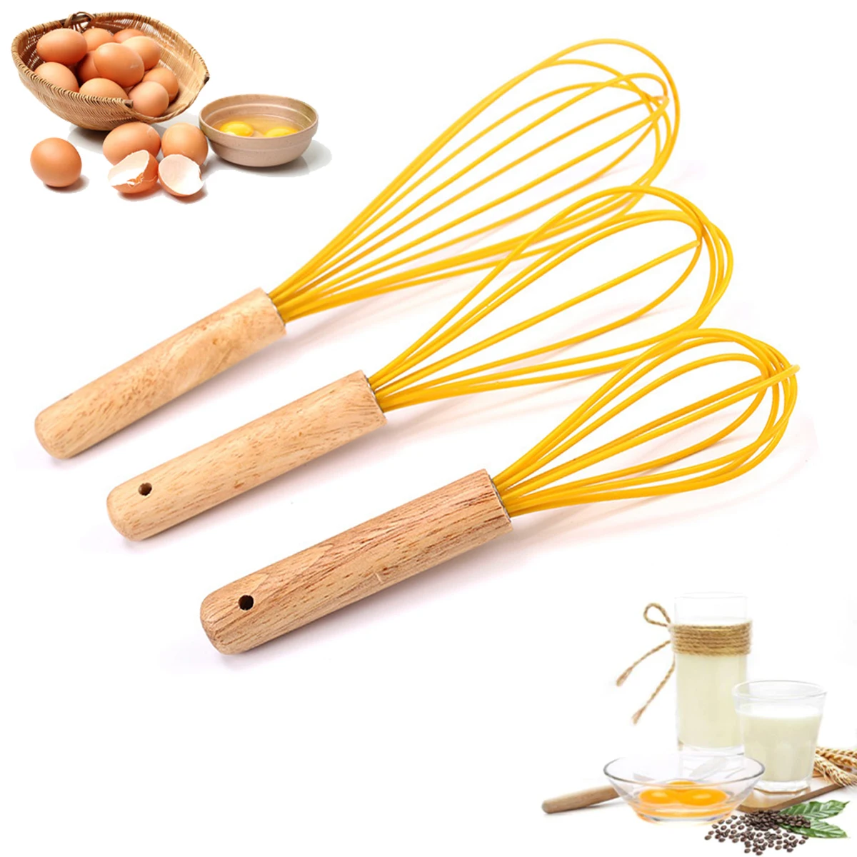 

Manual Egg Beater Wooden Handle Silicone Mixer Egg Beaters Whisk Kitchen Gadgets Egg Cream Stirring Kitchen Baking Pastry Tools, Blue, orange, black