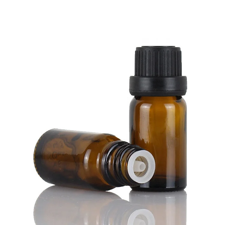 

Empty 10ml amber glass bottle for essential oil with plastic insert and caps