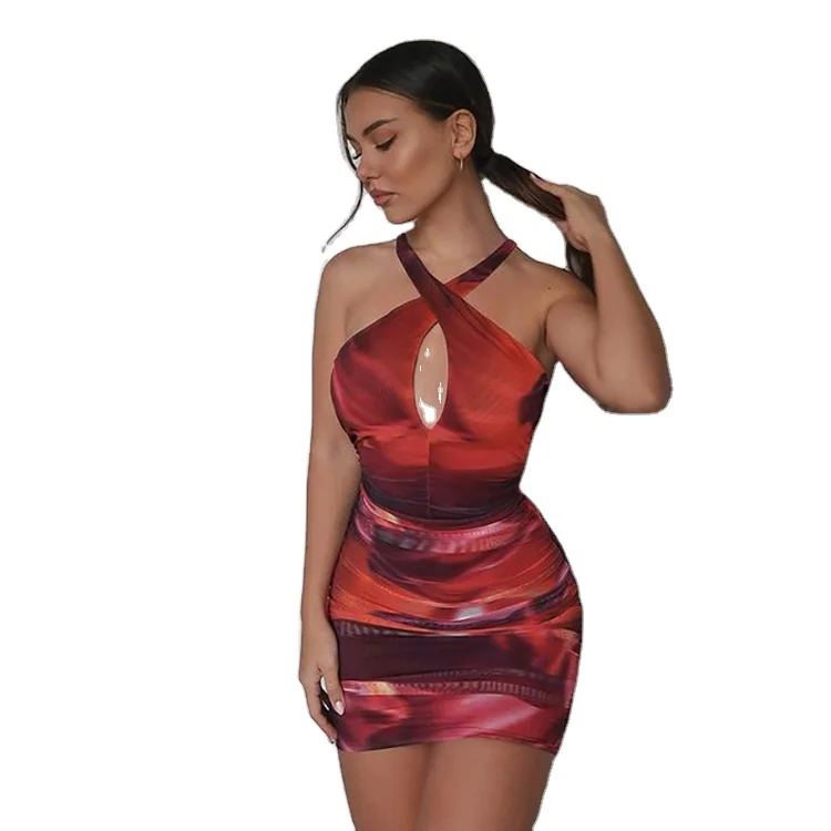 

2021 New Tie-Dye Bodycon Dress For Women Party Night Vestidos Cross Lace Up Backless Mini Dress Ladies Elegant Clubwear