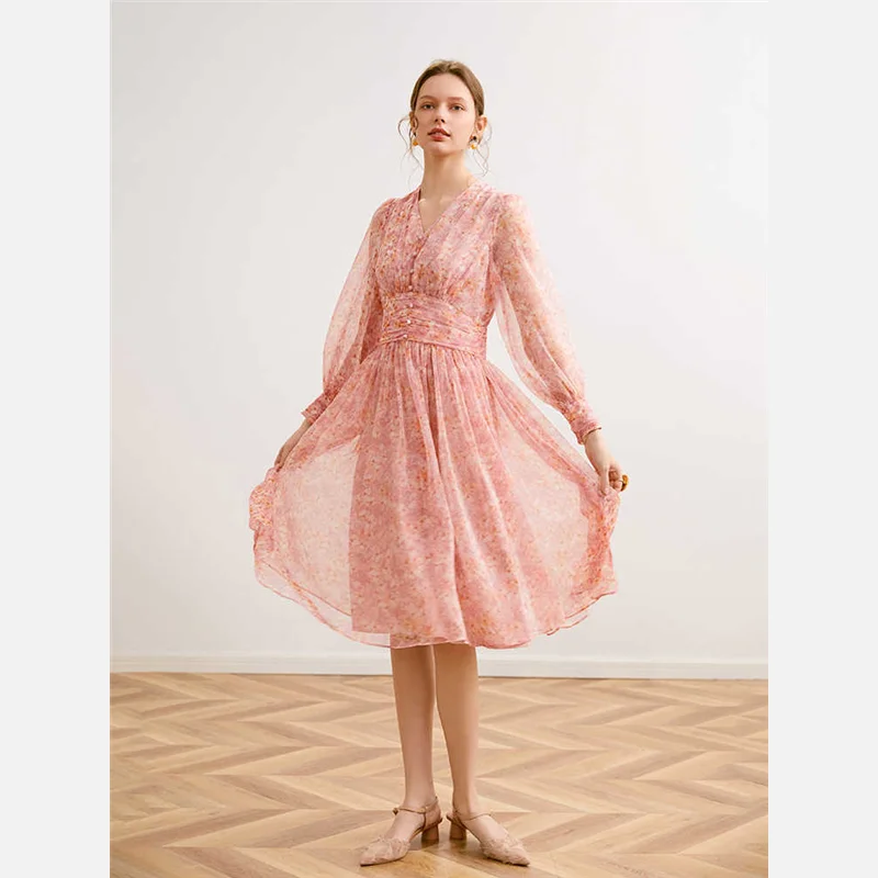 

2022 New Spring Autumn Elegant Temperament Pink Long-Sleeved Floral Print Waist V-Neck Casual Office Party Mid-Length Dresses