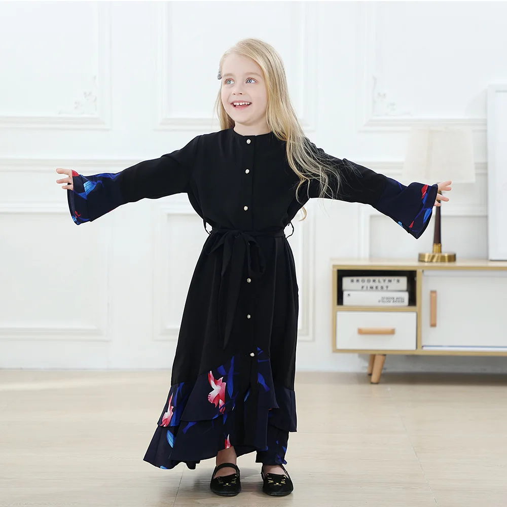 

2021 Islamic Fashion Stitching Flared Long Sleeve Full Button Slim Dubai Girls Abaya Muslim Clothing Kids