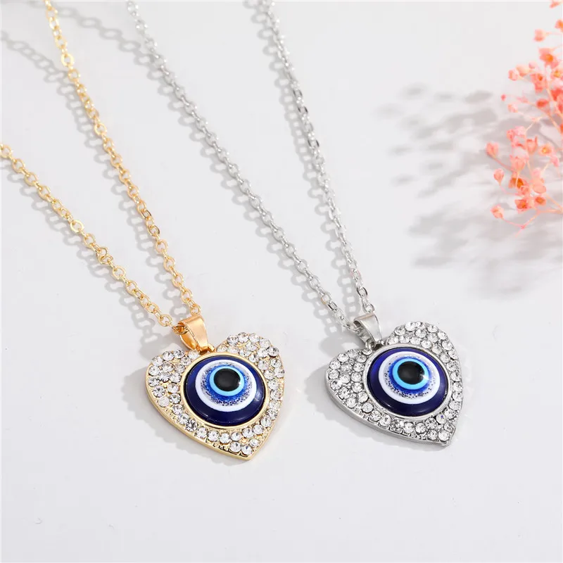 

2021 Hot Selling Turkish Blue Eye Pendant Necklace Real Gold Plated Crystal Rhinestone Heart Blue Evil Eyes Necklace(KNK5314), Same as the picture