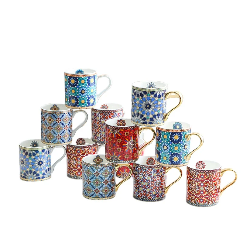 

HY Vintage Texture Ceramic Cups and Mugs Coffee with Gold Handle Moroccan Style let the quality of life sublimation